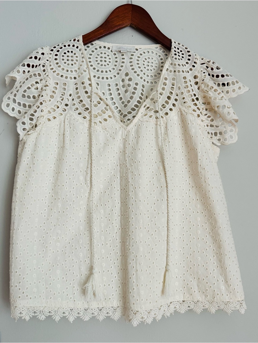 Women’s Cream Eyelet Lace V-Neck Blouse with Tassel Tie